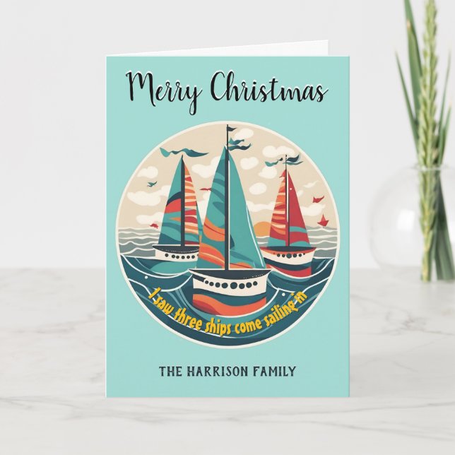 I Saw Three Ships Nautical Sailboats Christmas Helgkort (Framsida)