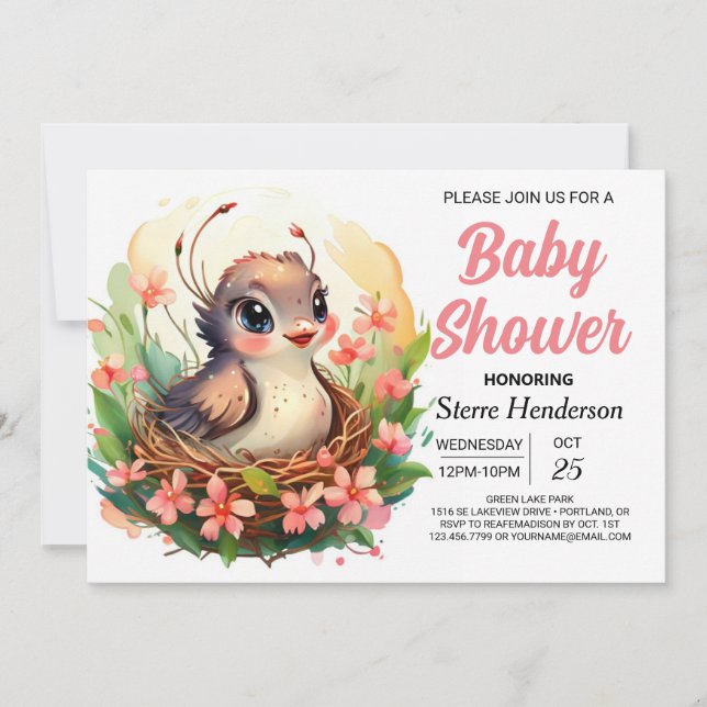 I Skogen Elegant Woodland Bird Baby Shower Inbjudningar (Framsida)