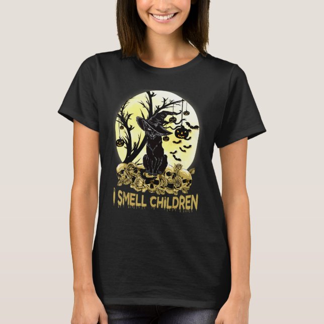 I Smell Children Halloween Costume Black Cat Witch T Shirt (Framsida)