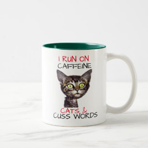 I SPRINGA PÅ CAFFEINE CATS & CUSS ORD Två-Tonad MUGG