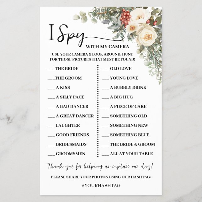 I Spy Winter Floral Wedding Reception Game Card Flygblad (Framsidan)