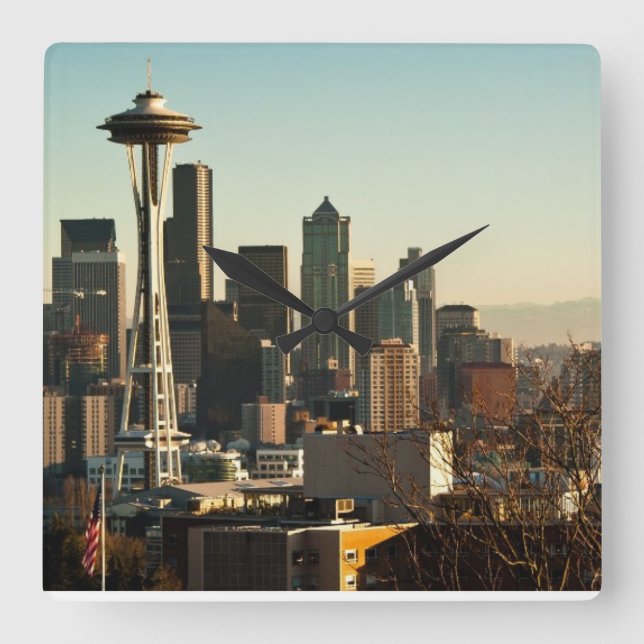 I stadens centrum Seattle horisont och utrymmenål Fyrkantig Klocka (Framsida)