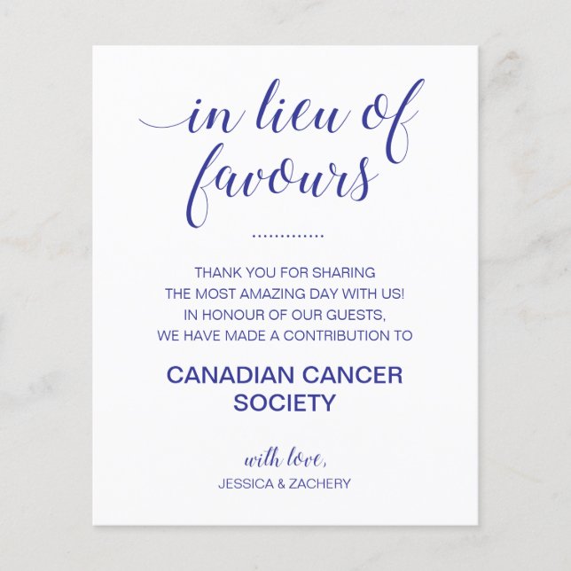 I stället för favors Charity Donation Blue Bröllop (Framsida)