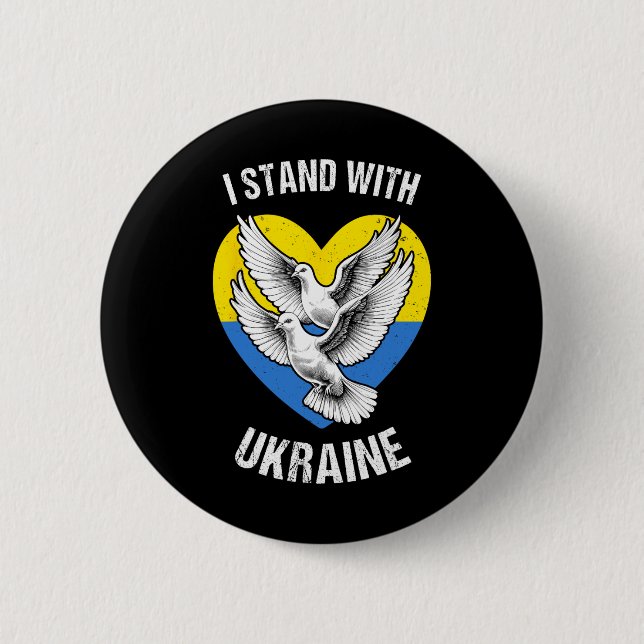 I Stand With Ukraine Ukrainian Flag Heart Doves Pe Knapp (Framsida)
