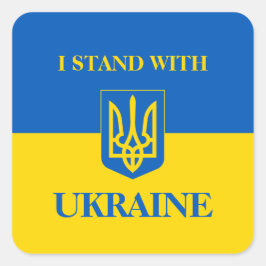 I Stand With Ukraine. Ukrainian Flag & Trident.  Fyrkantigt Klistermärke