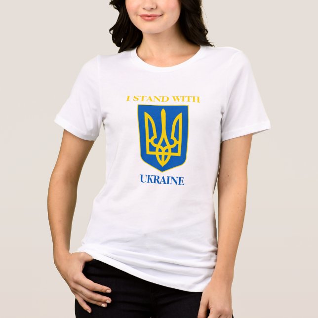 I Stand With Ukraine. Ukrainian Flag & Trident T Shirt (Framsida)