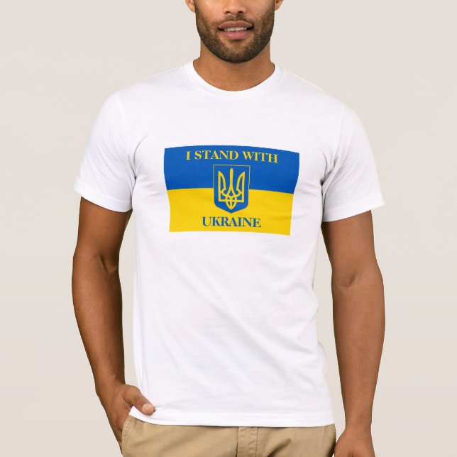 I Stand With Ukraine & Ukrainian Flag & Trident T Shirt (Framsida)