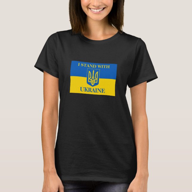 I Stand With Ukraine & Ukrainian Flag & Trident T Shirt (Framsida)