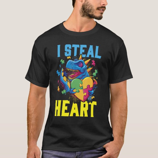 I Steal Heart  Dinosaur Autism Awareness T Shirt (Framsida)