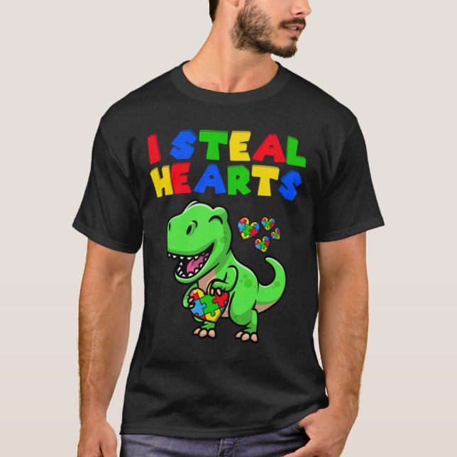 I Steal Hearts Autism Awareness Puzzle Rex Dinosau T Shirt (Framsida)