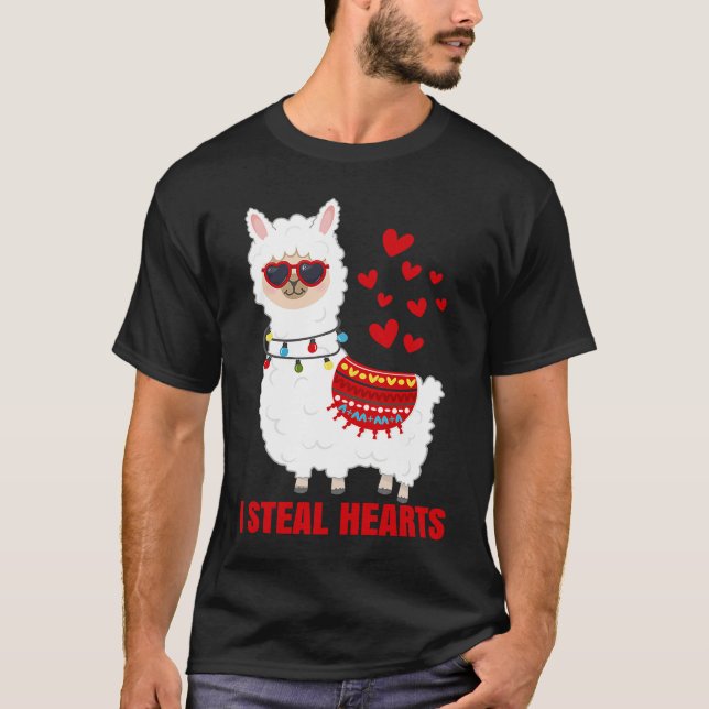 I Steal Hearts cute Llama Valentines Day T Shirt (Framsida)
