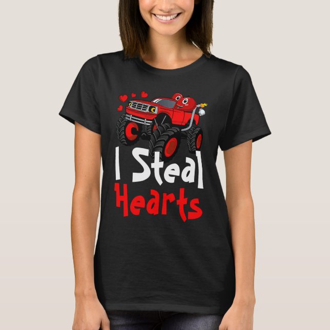 I Steal Hearts Monster Truck Heart Face Valentines T Shirt (Framsida)