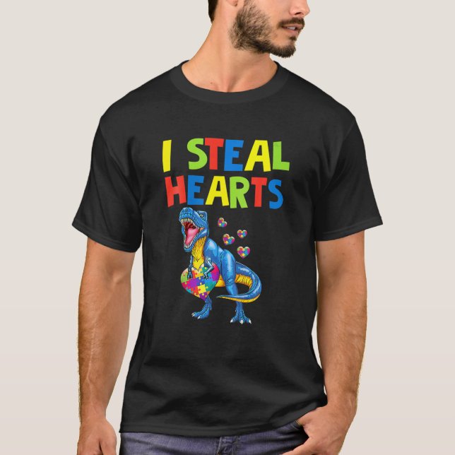 I Steal Hearts Trex Dinosaur Autism Awareness T Shirt (Framsida)