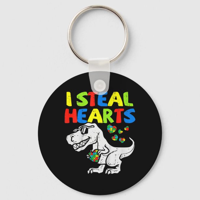 I Steal Hearts Trex Dinosaur Kids Boys Autism Awar Nyckelring (Framsida)