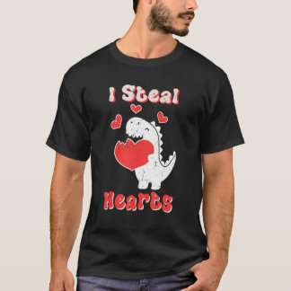 I Steal Hearts Valentines day Dinosaur Boys Manar  T Shirt