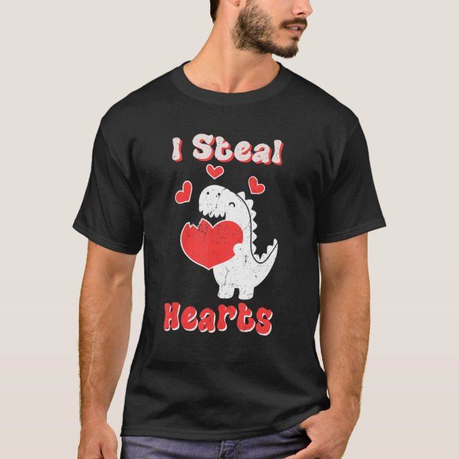 I Steal Hearts Valentines Day Dinosaur Boys Mens L T Shirt (Framsida)