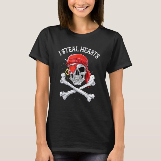 I Steal Hearts Valentines Day Pirate Boys Skull T Shirt (Framsida)