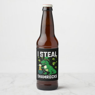 I Steal Shamrocks T Rex Dinosaur St patrick's day Ölflaska Etikett