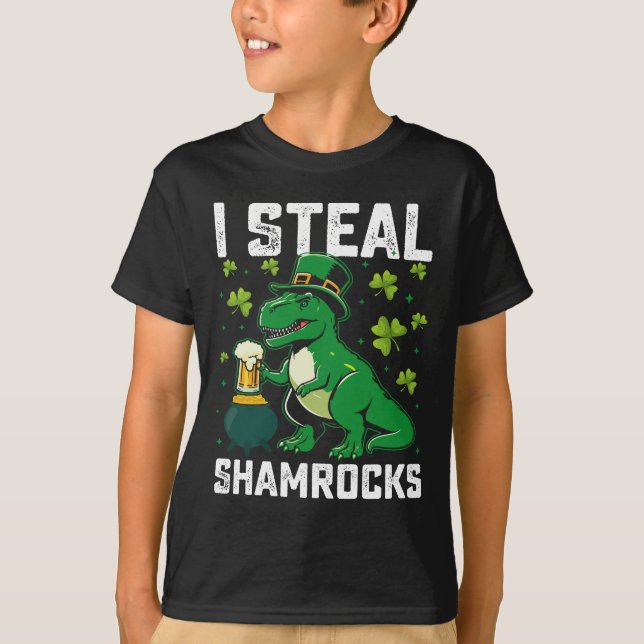 I Steal Shamrocks T Rex Dinosaur St patrick's day T Shirt (Framsida)