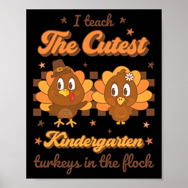 I Teach Cutest Kindergarten Turkey in Flock Retro Poster (Framsidan)
