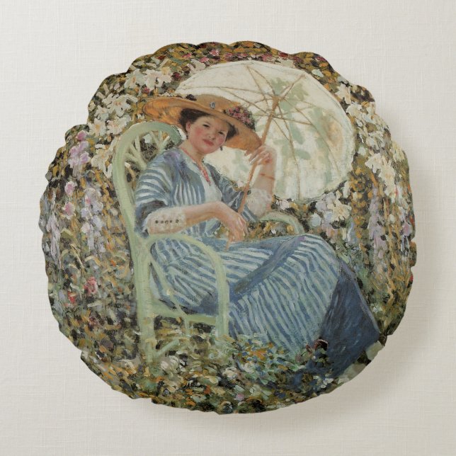 I trädgården, Giverny av Frederick Frieseke Rund Kudde (Framsidan)