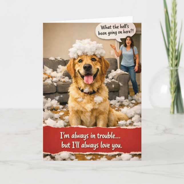 I trubbel, gratulationskort med golden retriever kort (Framsida)