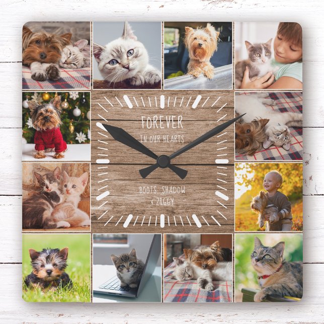 I vår Hearts Pet Memorial Photo Collage Fyrkantig Klocka (Collage clock with cute animals: kittens, puppies, etc. Center reads "Forever in Our Hearts")