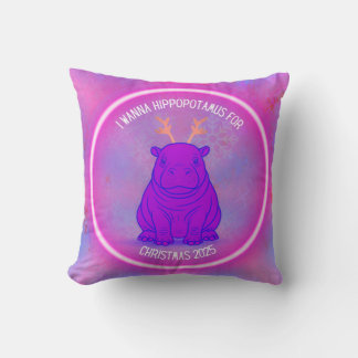 I Wanna Hippo For Christmas-Purple-Customizable- Kudde