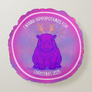 I Wanna Hippo For Christmas-Purple Pillow-Customiz Rund Kudde