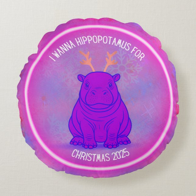 I Wanna Hippo For Christmas-Purple Pillow-Customiz Rund Kudde (Framsidan)