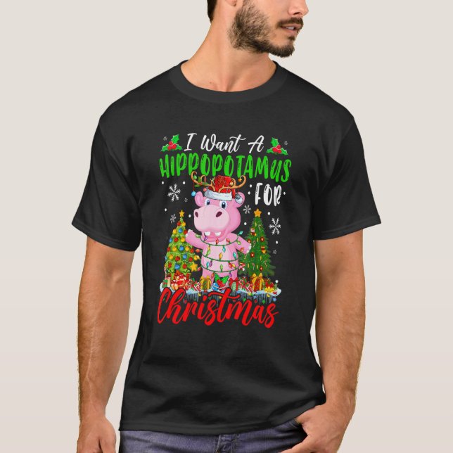 I Want A Hippopotamus For Christmas Santa Reindeer T Shirt (Framsida)