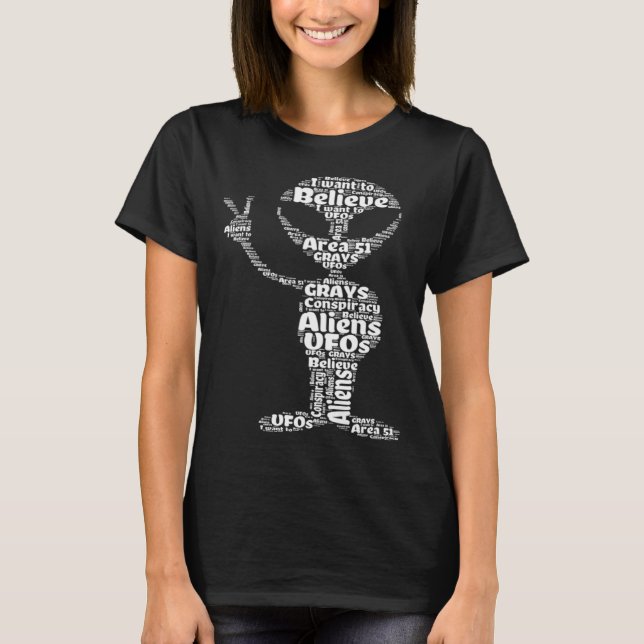 I Want To Believe  Alien Peace Sign Wordcloud Area T Shirt (Framsida)