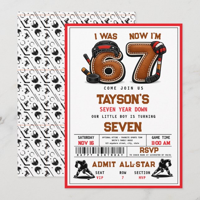 I Was 6, Now I’m 7 – Hockey 7th Birthday Party Inbjudningar (Fram/baksida)