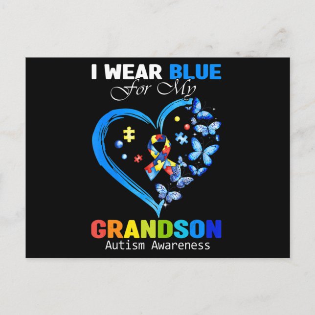 I Wear Blue For My Grandson Autism Awareness Heart Vykort (Framsida)