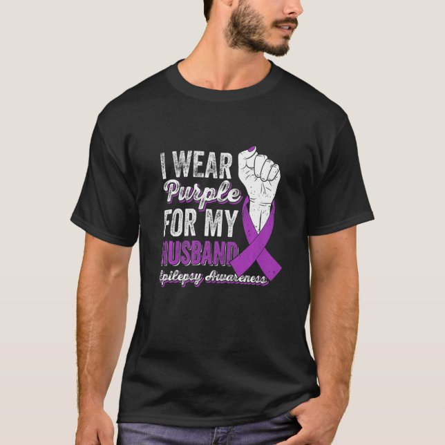 I Wear Purple For My Husband Ribbon Epilepsy Aware T Shirt (Framsida)