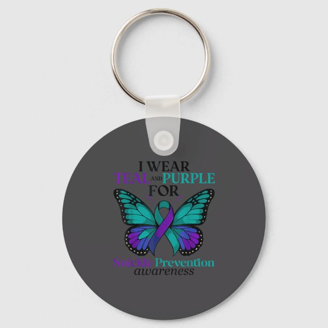 I Wear Teal &amp; Purple Butterfly Suicide Prevent Nyckelring (Framsida)
