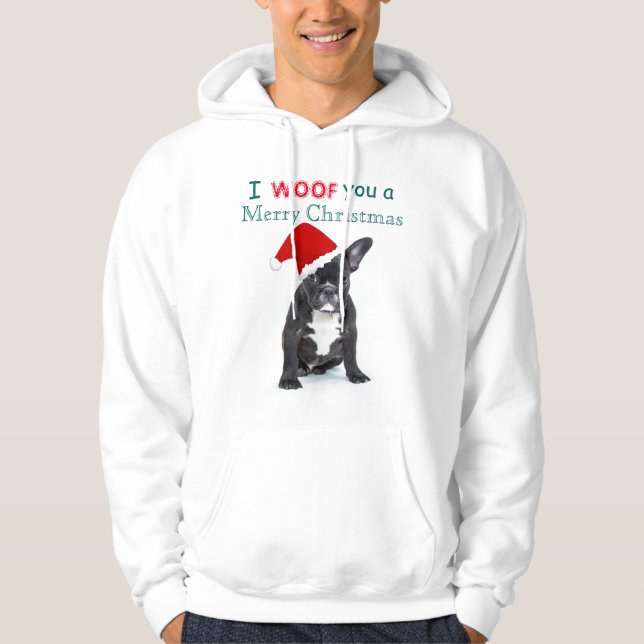 "I Woof You a God jul" Bulldog Puppy Hoodie (Framsida)