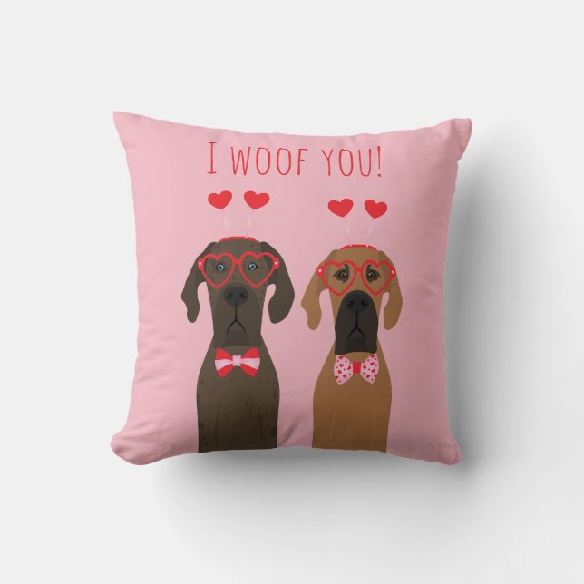 I Woof You Valentines day Great dane Hundar Kudde (Framsida)