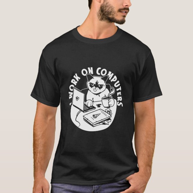 I Work On Computers Feline Coding Coder Cat Progra T Shirt (Framsida)