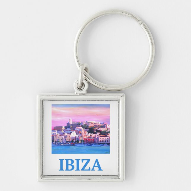 Ibiza för Retro affisch gammal Town och hamn Fyrkantig Silverfärgad Nyckelring (Framsidan)