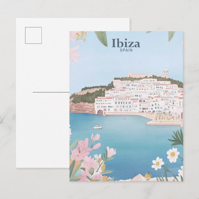 Ibiza Spain Gouache Paint Illustration Travel Vykort (Fram/baksida)
