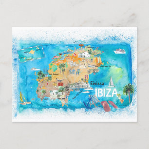 Ibiza Spain Illustrated Karta med Landmarks Vykort