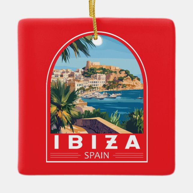Ibiza Spain Illustration Travel Art Vintage Julgransprydnad Keramik (Framsida)