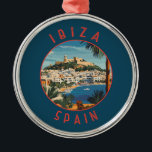 Ibiza Spain Retro Distress Circle Julgransprydnad Metall<br><div class="desc">Ibizas retro-vektorresedesign. Ibiza är en av Balearerna,  en skärgård i Spanien i Medelhavet.</div>