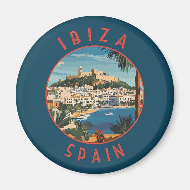 Ibiza Spain Retro Distress Circle Magnet (Framsidan)