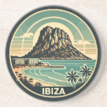 Ibiza Spain Sten, Es Vedra Travel Art Badge Underlägg<br><div class="desc">Ibizas retro-vektorresedesign. Ibiza är en av Balearerna,  en skärgård i Spanien i Medelhavet.</div>