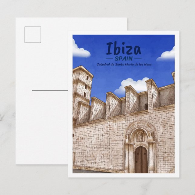 Ibiza Spanien Akvarell Resa Vykort (Fram/baksida)
