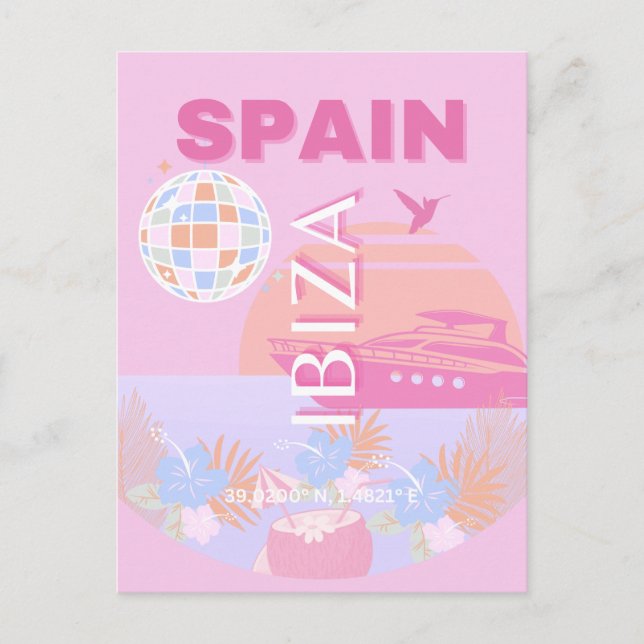 Ibiza, Spanien, Travel Art, Preppy Art, Rosa Helg Vykort (Framsida)