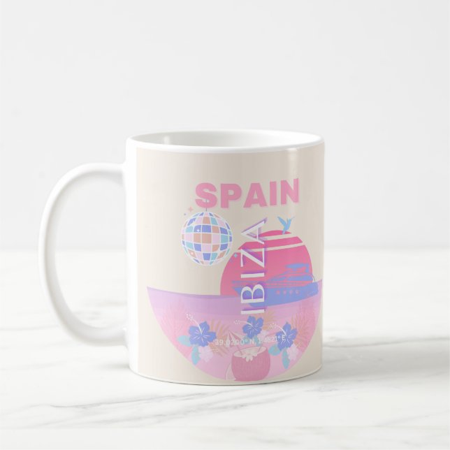 Ibiza, Spanien, Travel Art, Preppy Art, Rosa Kaffemugg (Vänster)