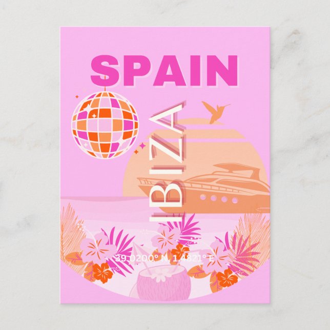 Ibiza, Spanien, Travel Art, Preppy Art, Rosa, Prep Helg Vykort (Framsida)
